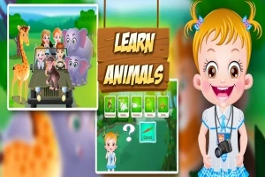 Ett glatt barn med en kamera omgiven av djur och texten Learn Animals