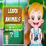 Ett glatt barn med en kamera omgiven av djur och texten Learn Animals