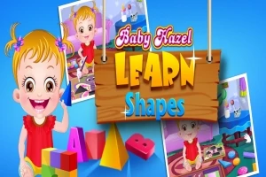 Tecknad flicka i röd klänning med block och geometriska former mot en blå bakgrund med texten Learn Shapes