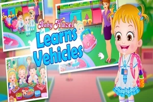 Texten Baby Hazel Learns Vehicles med tecknade bilder av en glad flicka i blå klänning, lekplats och leksaksfordon