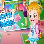 Texten Baby Hazel Learns Vehicles med tecknade bilder av en glad flicka i blå klänning, lekplats och leksaksfordon