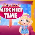 Två tecknade barn står framför en soffa med texten Mischief Time ovanför dem