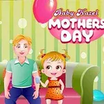 Tecknad bild av en familj med en man, ett barn och en kvinna som håller ballonger med texten Mothers Day mot en randig bakgrund