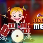 Ett barn med blont hår spelar trummor bredvid texten Baby Hazel Musical Melody på en färgglad bakgrund