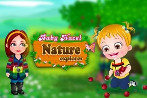 Två tecknade barn i en grönskande naturmiljö, ett med kamera och det andra med äpplen, omgivna av texten Baby Hazel Nature Explorer