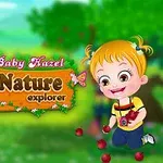 Två tecknade barn i en grönskande naturmiljö, ett med kamera och det andra med äpplen, omgivna av texten Baby Hazel Nature Explorer