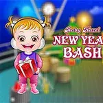 Två tecknade barn i vinterkläder står på en båt med neontexten New Year Bash mellan dem