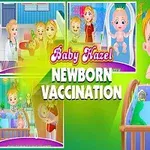 Tecknad bild av en leende baby bredvid en spjälsäng, med ordet NEWBORN VACCINATION i mitten och olika scener med en läkare och barn i bakgrunden
