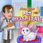 En tecknad scen med en doktor, en liten flicka och en kanin på ett sjukhus för husdjur