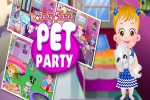 En tecknad flicka med två tofsar håller i en söt vit katt, med färgglada rum i bakgrunden och texten Pet Party