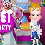 En tecknad flicka med två tofsar håller i en söt vit katt, med färgglada rum i bakgrunden och texten Pet Party