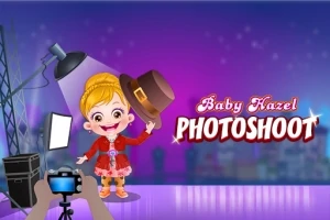 Tecknad flicka på fotosession med kamera och ljusrigg i bakgrunden, samt texten Baby Hazel Photoshoot