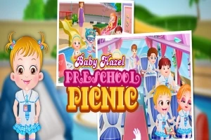 Tecknad affisch med en glad flicka i skoluniform och texten Preschool Picnic mot en lekfull bakgrund