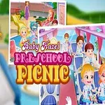 Tecknad affisch med en glad flicka i skoluniform och texten Preschool Picnic mot en lekfull bakgrund