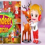 Ett collage med en tecknad flicka i vinterkläder, en ren, tomten och färgglada inomhusmiljöer