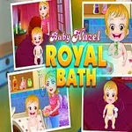 Collage av ett leende litet barn med olika aktiviteter i ett badrum, inklusive bad och tvätt, med texten Baby Hazel Royal Bath