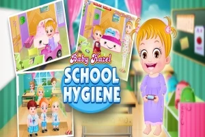 En tecknad flicka i en skolmiljö med texten School Hygiene och flera små scener av skolaktiviteter