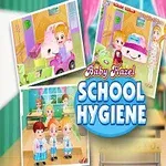 En tecknad flicka i en skolmiljö med texten School Hygiene och flera små scener av skolaktiviteter