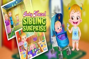 Två tecknade barn med en barnvagn och färgglada bakgrundselement, tillsammans med texten Baby Hazel Sibling Surprise