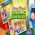 Två tecknade barn med en barnvagn och färgglada bakgrundselement, tillsammans med texten Baby Hazel Sibling Surprise