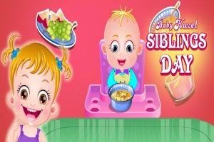 Tecknad bild av två barn med leksaksmat och texten Siblings Day mot en röd bakgrund
