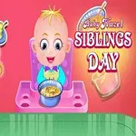 Tecknad bild av två barn med leksaksmat och texten Siblings Day mot en röd bakgrund