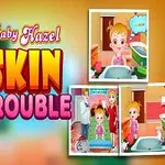 Tecknad bild av en flicka med blont hår, rosaklädd framför texten Skin Trouble, omgiven av små fönster med olika scener