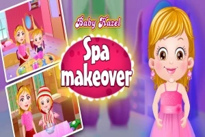 Baby Hazel i en rosa klänning med en text som säger Spa makeover och mindre bilder av aktiviteter i ett spa
