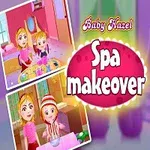 Baby Hazel i en rosa klänning med en text som säger Spa makeover och mindre bilder av aktiviteter i ett spa
