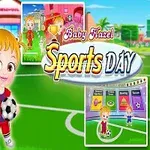Två barn i sportkläder står på en grön fotbollsplan med små bilder av sportrelaterade aktiviteter i bakgrunden och texten Sports Day syns tydligt