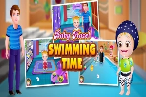 Tecknat collage med en man och en flicka i simutrustning, samt texten Baby Hazel Swimming Time