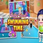 Tecknat collage med en man och en flicka i simutrustning, samt texten Baby Hazel Swimming Time
