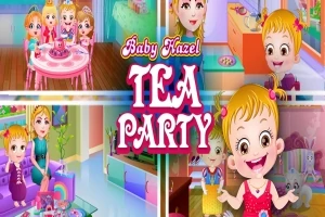 Ett kollage med en tecknad blond flicka vid en teservis och texten Tea Party