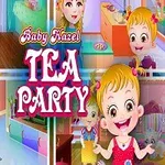 Ett kollage med en tecknad blond flicka vid en teservis och texten Tea Party