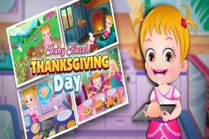 Tecknad flicka med orange hår står i köket med en bakplåt, omgiven av flera bilder som visar olika scener från en Thanksgiving-dag