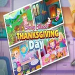 Tecknad flicka med orange hår står i köket med en bakplåt, omgiven av flera bilder som visar olika scener från en Thanksgiving-dag