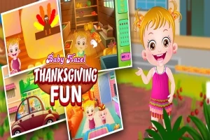 Ett kollage av färgglada bilder med en glad liten flicka i olika miljöer och texten Baby Hazel Thanksgiving Fun