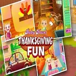 Ett kollage av färgglada bilder med en glad liten flicka i olika miljöer och texten Baby Hazel Thanksgiving Fun
