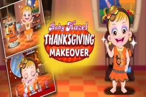 Barn med färgglad utstyrsel i ett rum med texten Baby Hazel Thanksgiving Makeover i mitten