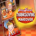 Barn med färgglad utstyrsel i ett rum med texten Baby Hazel Thanksgiving Makeover i mitten