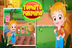 Tecknat barn med blont hår som håller en höna bredvid texten Tomato Farming och en illustration av en tomatodling