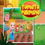 Tecknat barn med blont hår som håller en höna bredvid texten Tomato Farming och en illustration av en tomatodling