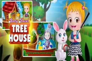 En tecknad flicka med en kanin och texten Tree House framför en grönskande bakgrund med ett trädhus