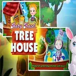 En tecknad flicka med en kanin och texten Tree House framför en grönskande bakgrund med ett trädhus