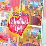 Tecknad bild av en glad bebis med en rosa ballong i hjärtform och bakgrund av färgglada rum