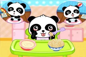 En tecknad panda sitter vid ett bord med mat och funderar över andra alternativ i tankebubblor