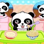 En tecknad panda sitter vid ett bord med mat och funderar över andra alternativ i tankebubblor
