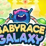 Tecknad blå figur med rosa hår ovanför texten Babyrace Galaxy i färgglad bakgrund