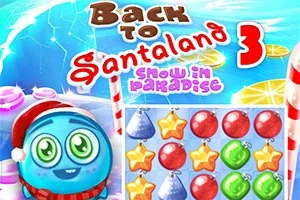 Tecknad figur med tomteluva bredvid ett jultematiserat pusselspel med färgglada ornament och texten Back to Santaland 3