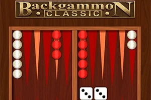 Ett backgammonbräde med vita och röda spelpjäser och två tärningar